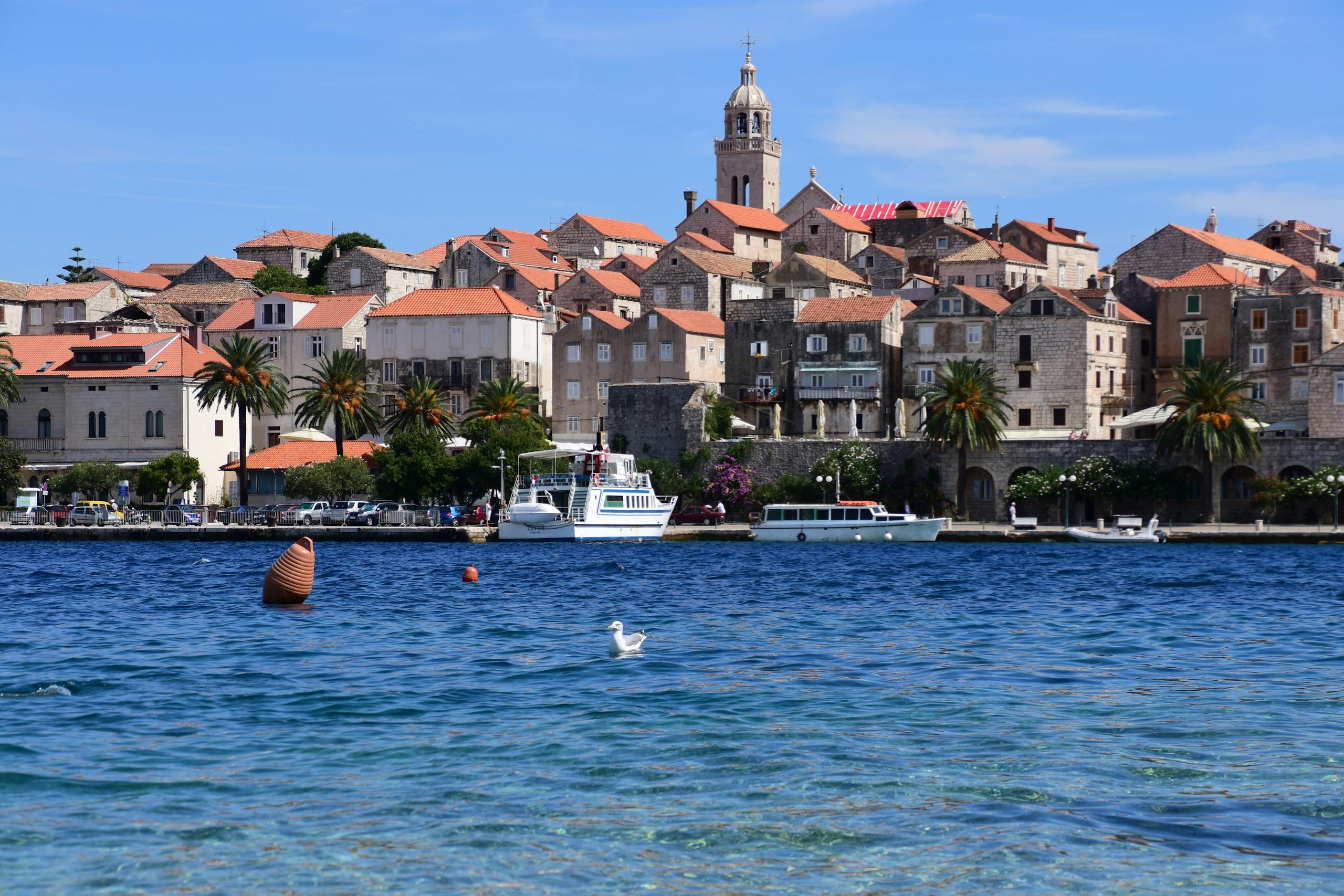 Explore the charm of Korčula's historic buildings by the Adriatic Sea with boats and seagulls.