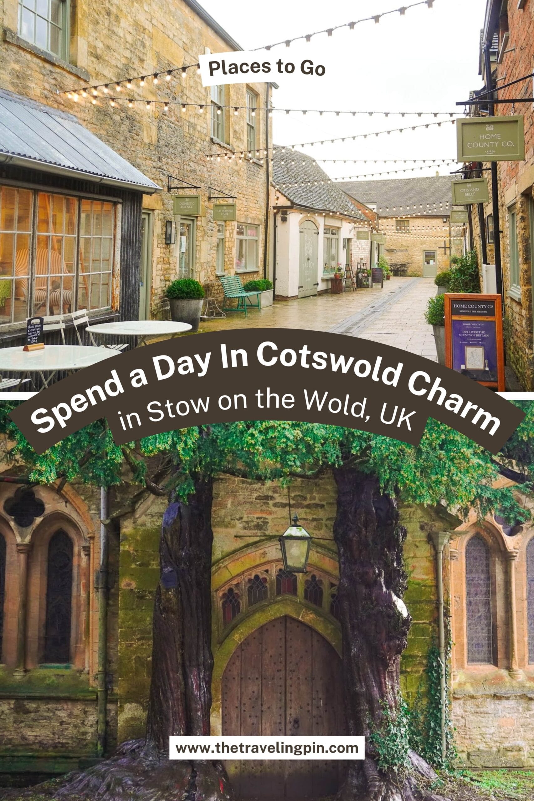 Charming Cotswold street in Stow on the Wold, UK. Stone buildings with festive lights and cozy outdoor seating evoke a peaceful, inviting atmosphere.