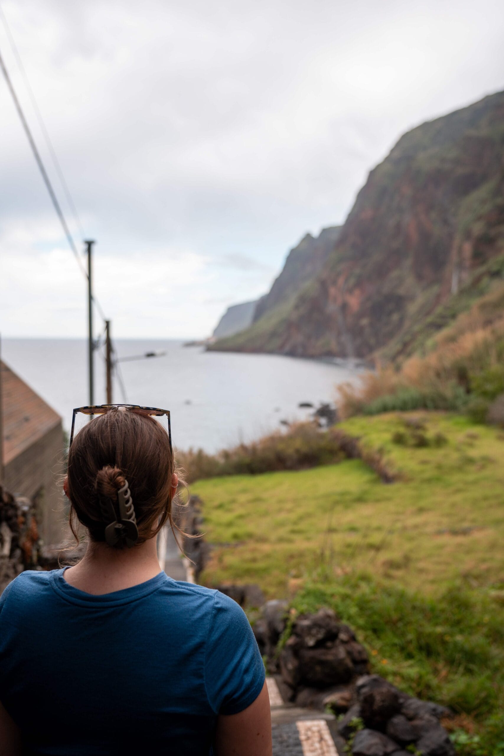 A person with brown hair in a bun and sunglasses on their head gazes at a serene coastal landscape with green grass, rocky cliffs, and a cloudy sky.