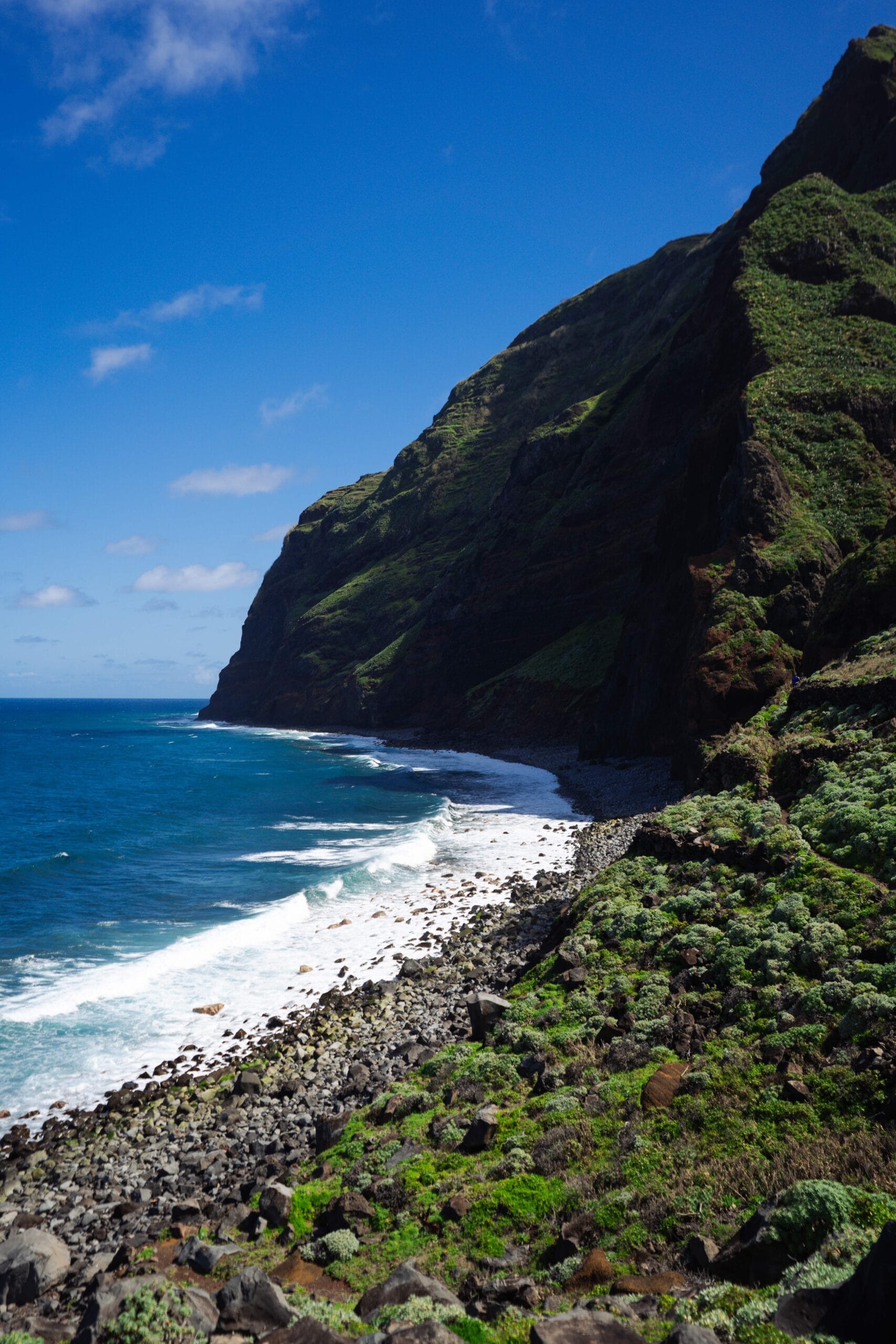 stop on drive during 10 days in Madeira Portugal with lush green cliffs under a clear blue sky