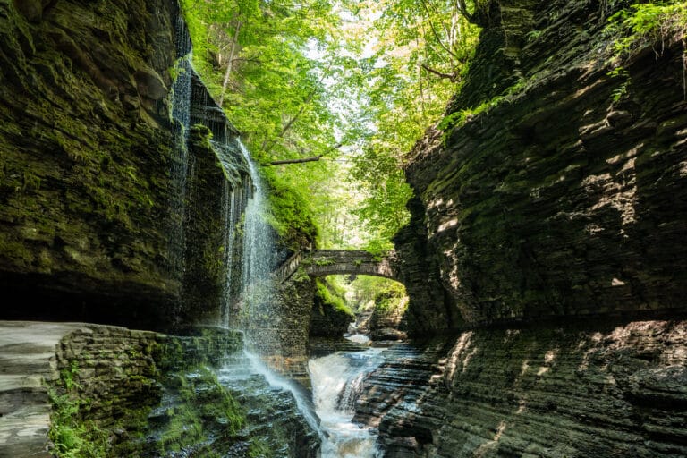 Gorge Trail Watkins Glen NY with cascading waterfall to the left, lush green foliage above, and a rustic stone bridge arching over the narrow stream below