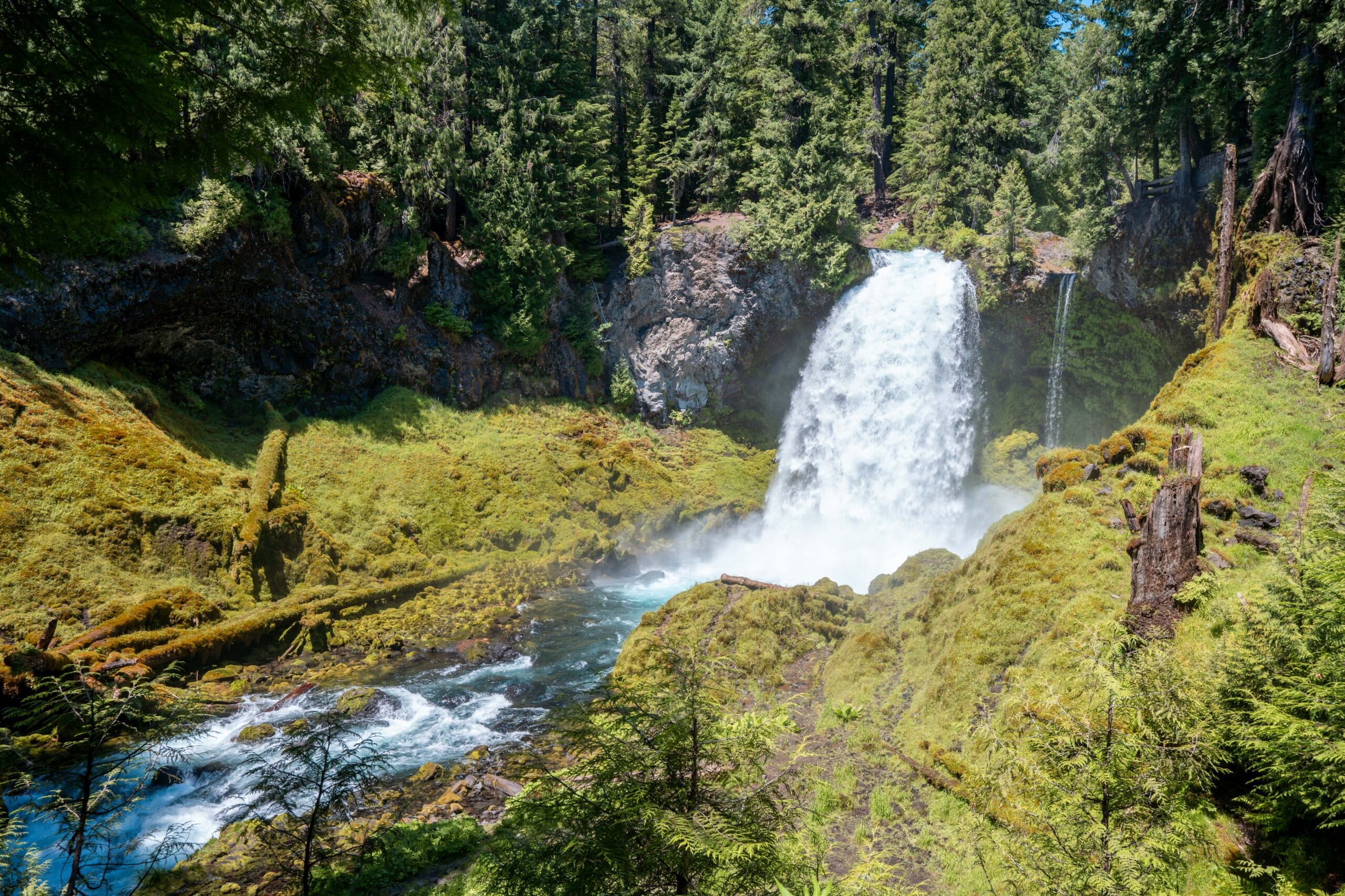 A powerful waterfall cascades into a serene, forested valley surrounded by lush green moss and tall evergreens under a bright blue sky.