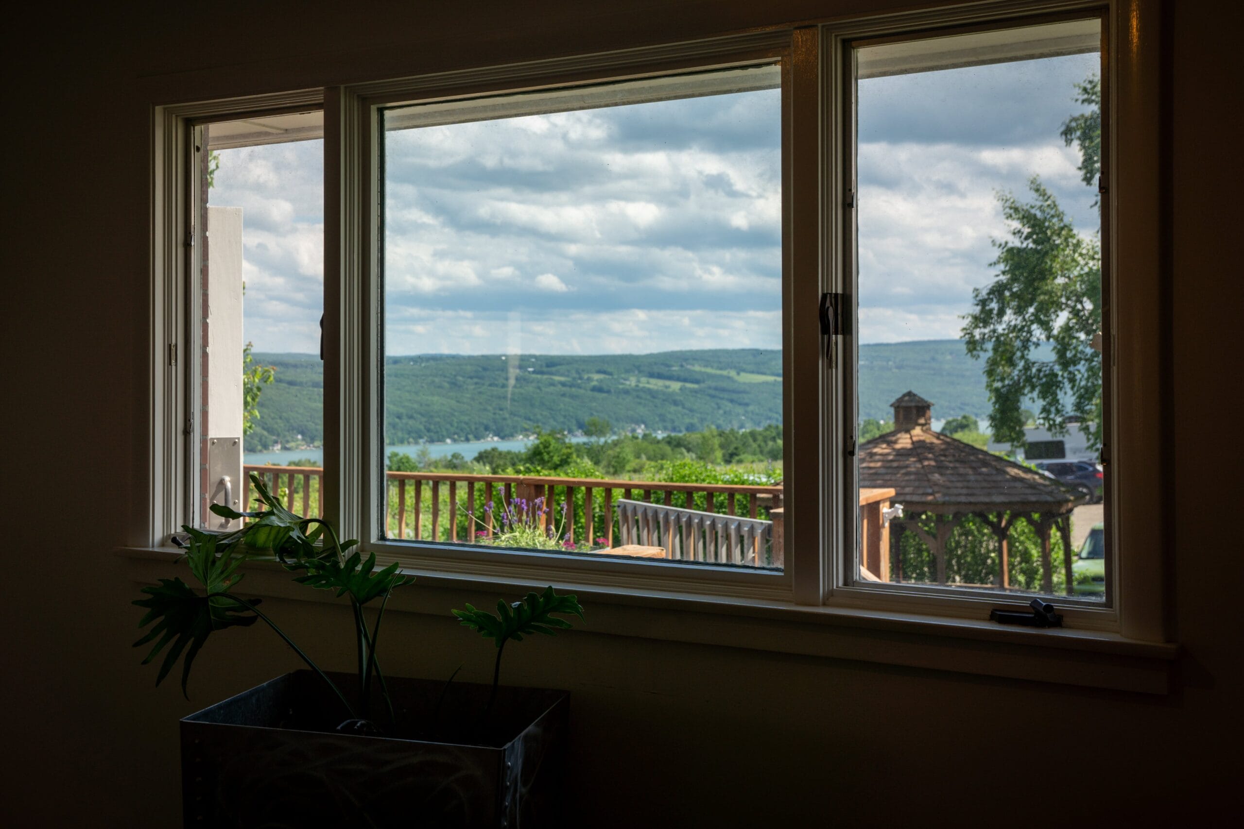 Through a large window, lush green hills and a lake are seen under a partly cloudy sky. Inside, a leafy plant sits in the foreground, adding tranquility.