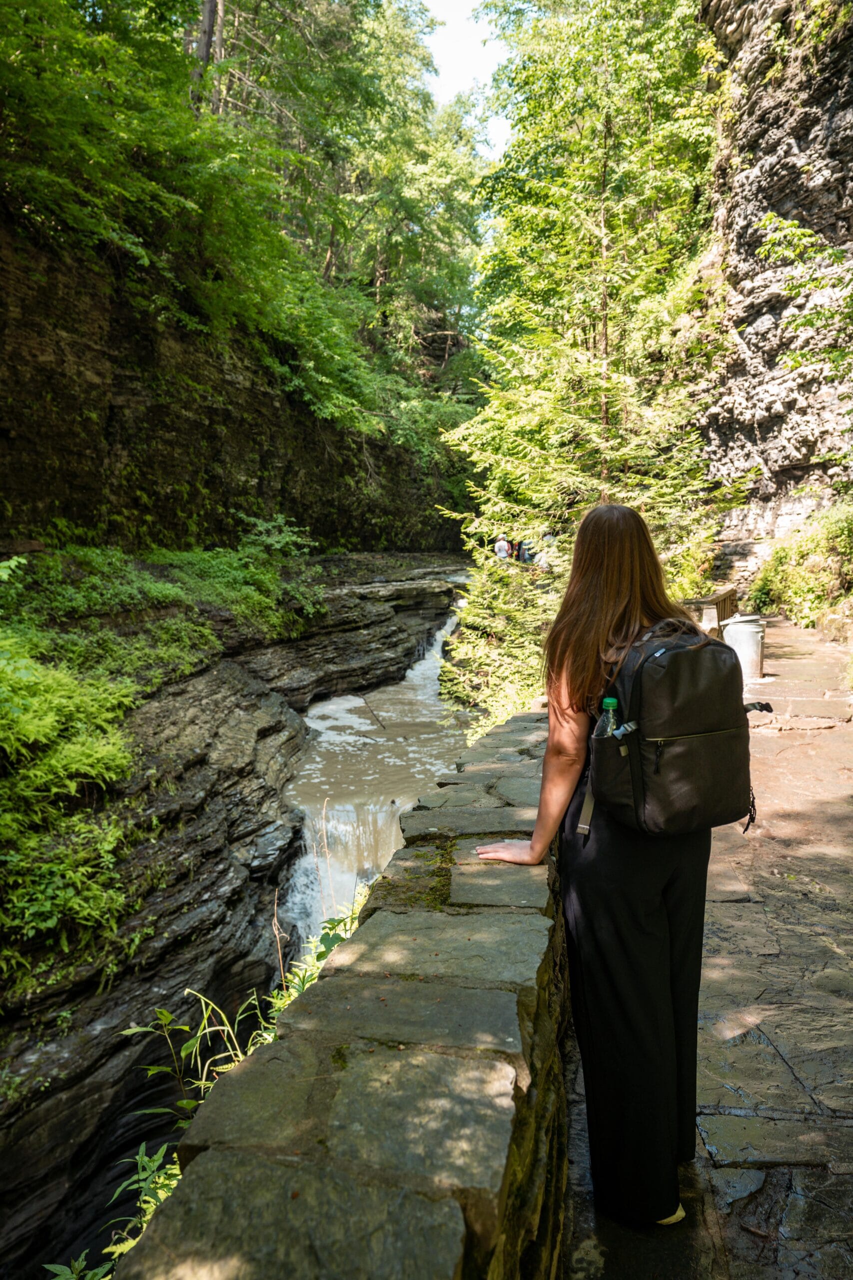 A woman with long hair and a backpack stands on a stone path, overlooking a lush, green gorge with a flowing river. The scene is serene and natural.