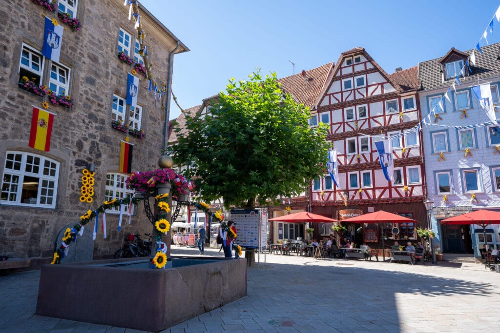 A charming European square under a clear blue sky, featuring a decorated fountain with sunflowers, historic buildings adorned with flags, and outdoor cafes.