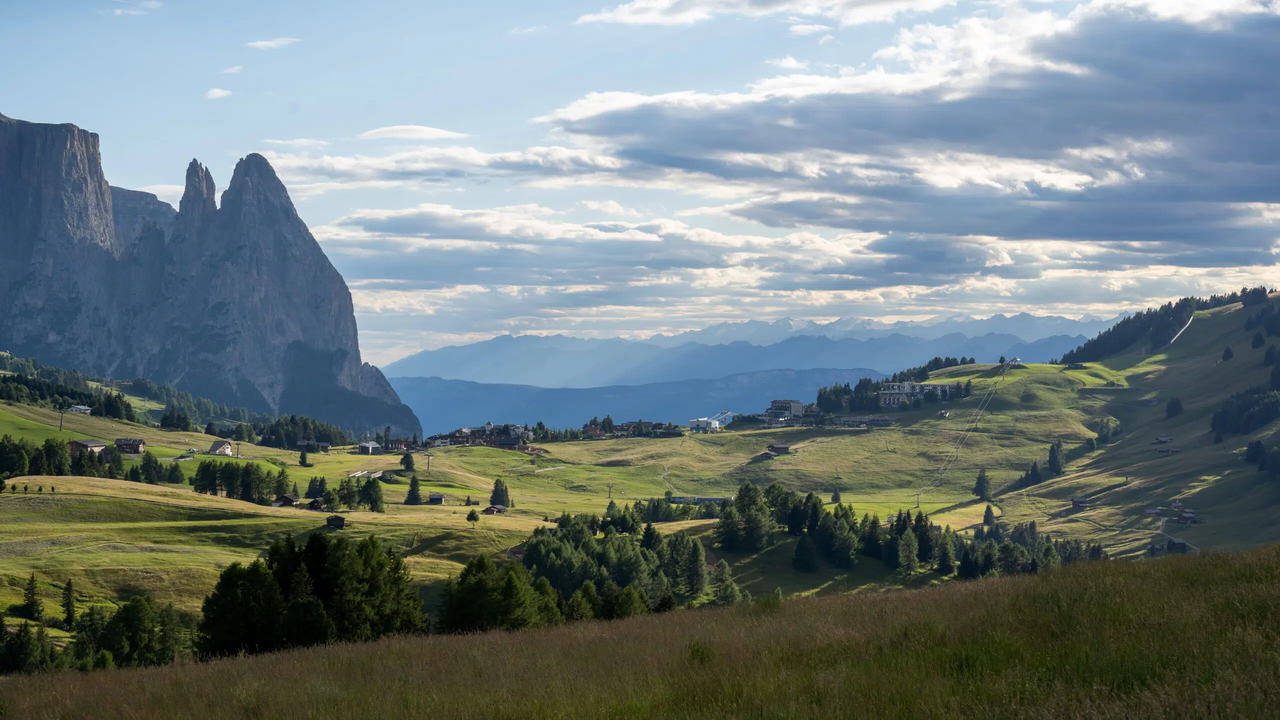 Alpe di Siusi meadow at golden hour with the Sciliar peak, Dolomites, Italy