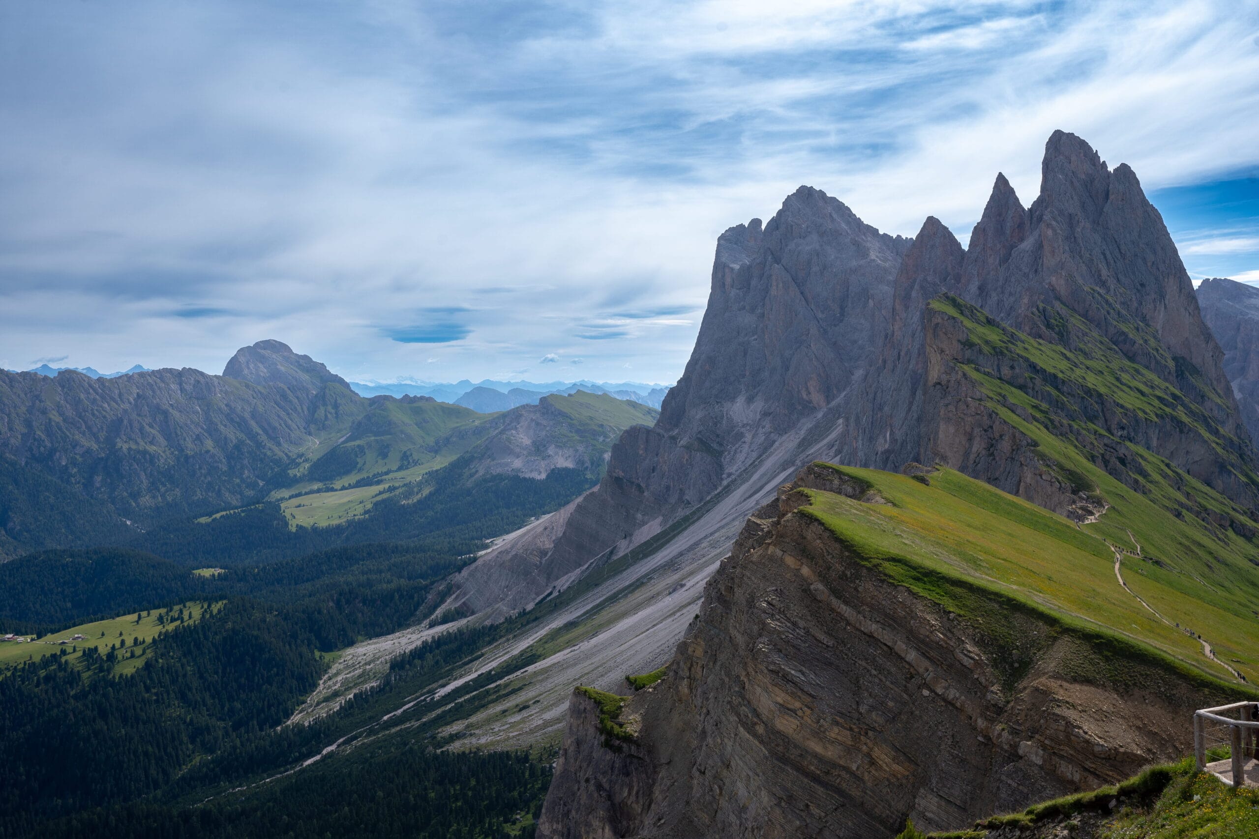 First view of the Odle and Sassolungo peaks over the tree line, Val Gardena, Dolomites