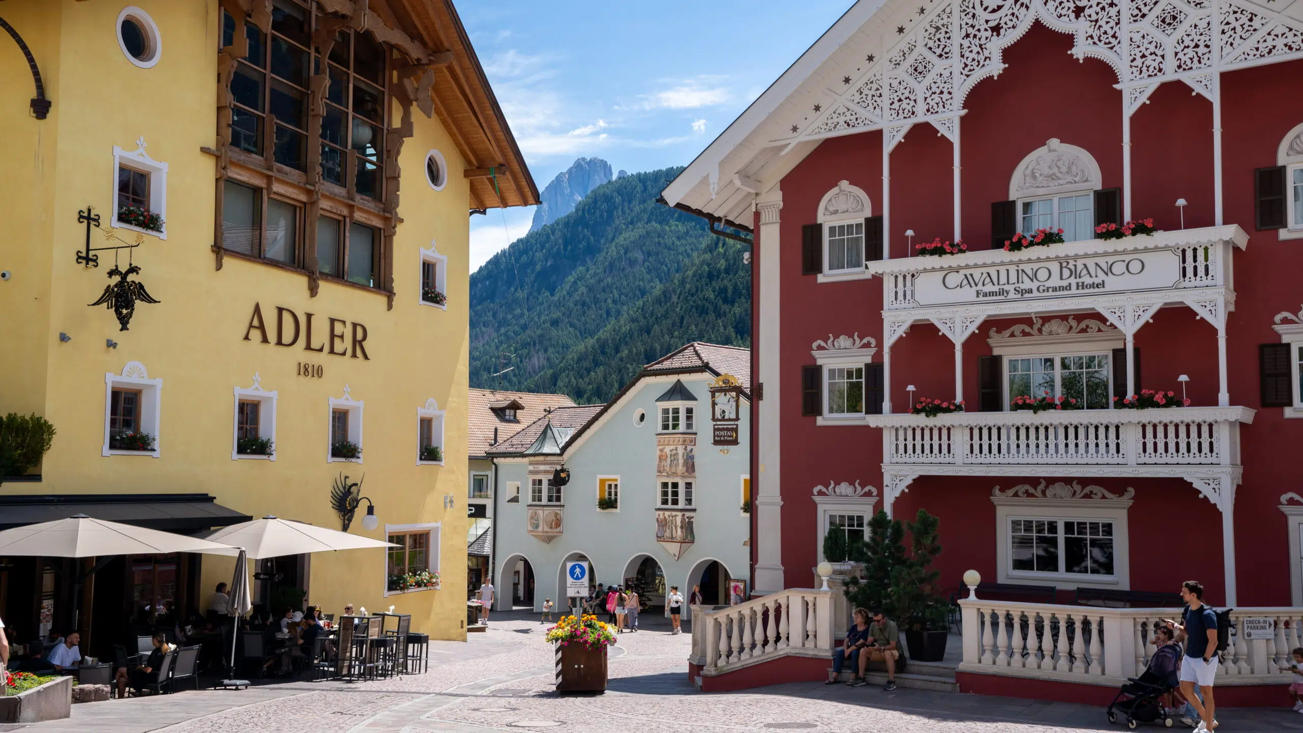 Pedestrian street in Ortisei, Val Gardena, Dolomites