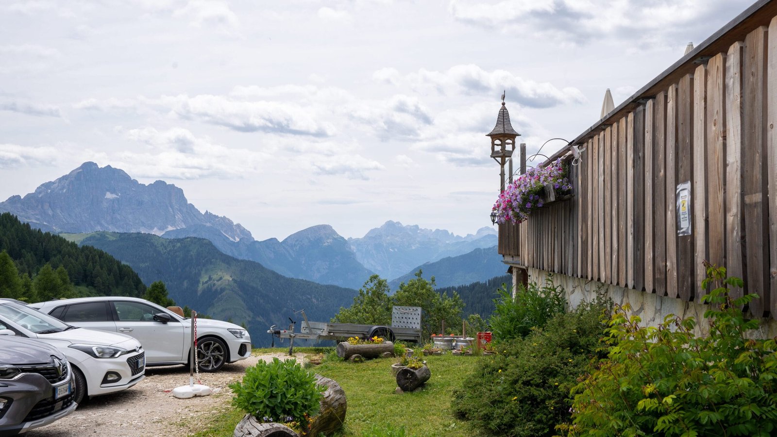 Parking area at a mountain rifugio in the Dolomites, a good reminder to plan logistics ahead