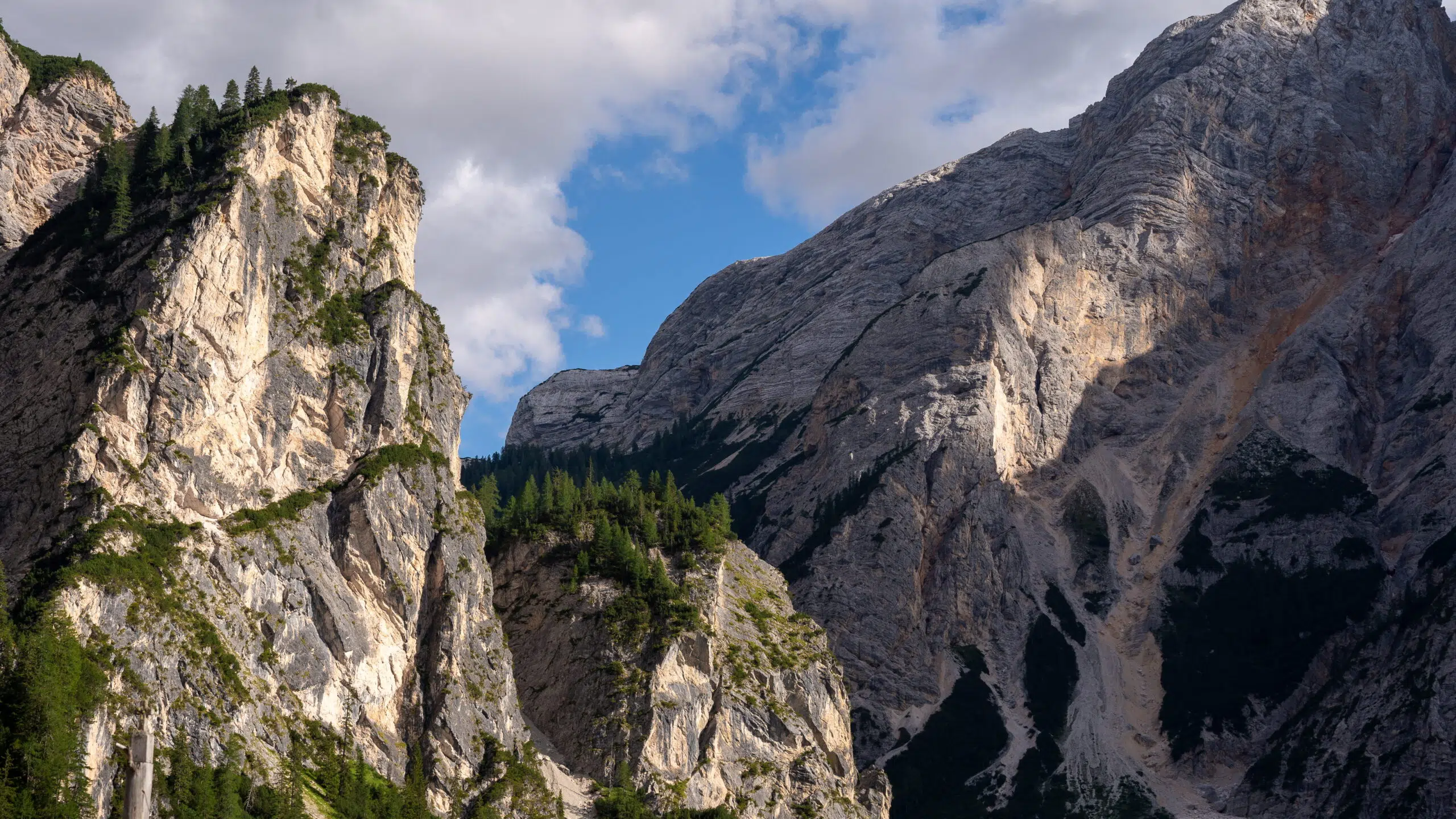 Wooden boardwalk along the Lago di Braies lake trail with dramatic Dolomite cliffs