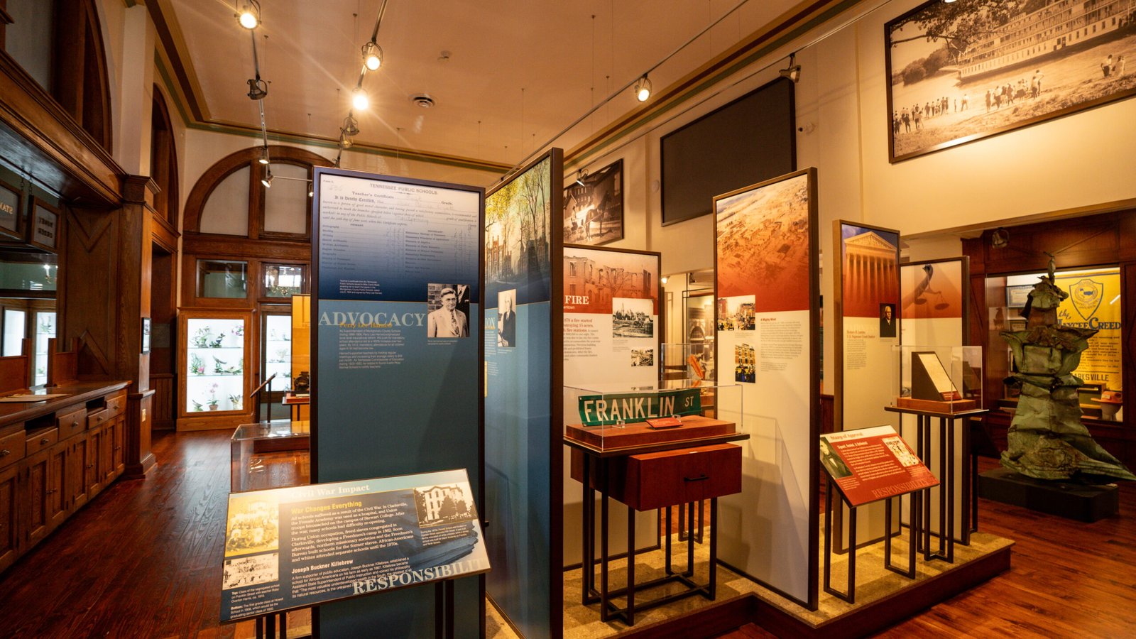 Exhibit hall with historic displays inside the Customs House Museum in Clarksville, TN