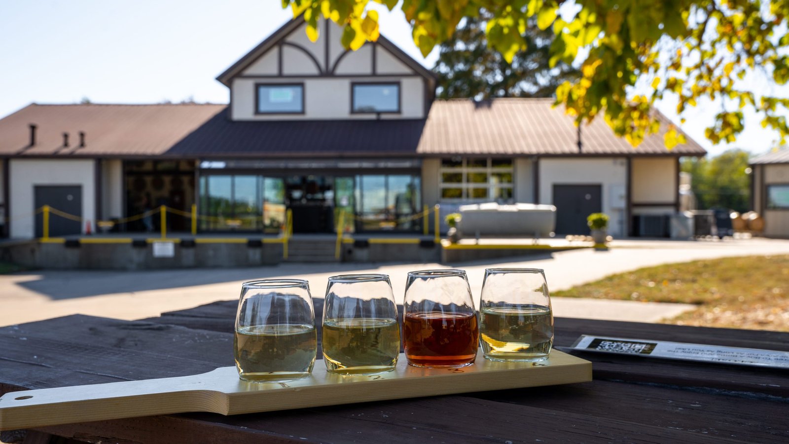 Wine tasting flight on a picnic table in front of the Beachaven Winery tasting room in Clarksville, TN