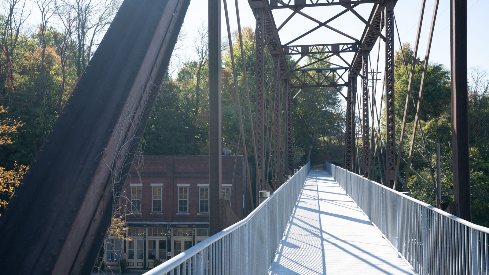 Walkway across the historic iron truss bridge in downtown Clarksville, a stop on a day trip from Nashville to Clarksville