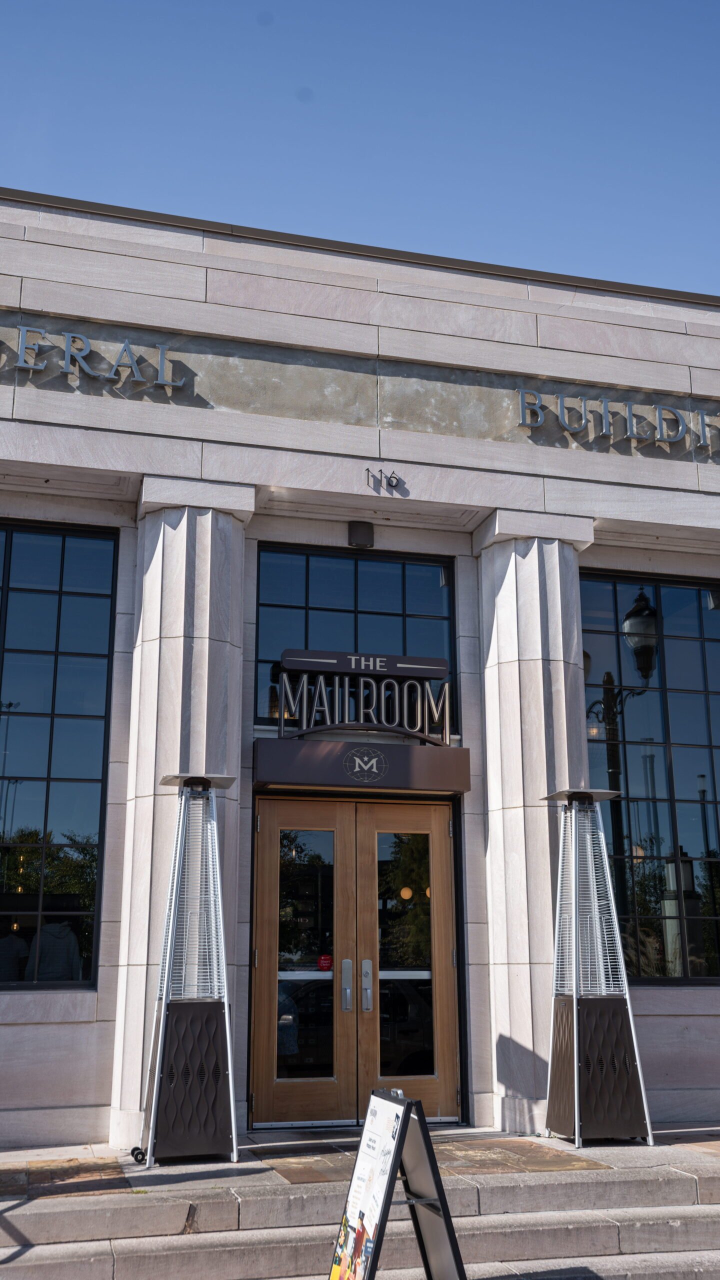 Front entrance of The Mailroom restaurant in the historic Federal Building in downtown Clarksville, TN