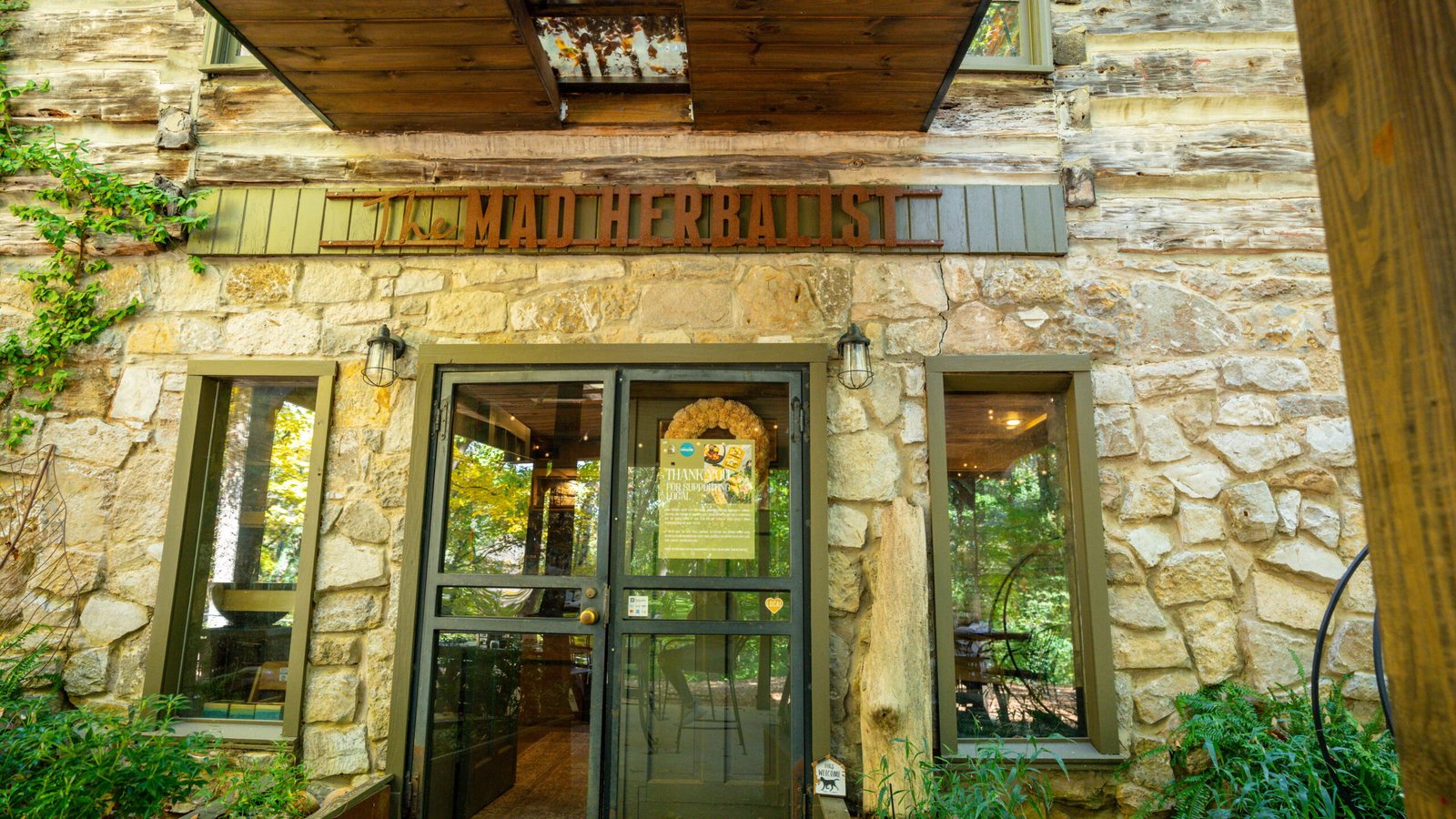 where to eat in clarksville tn with stone entrance of The Mad Herbalist tea room and restaurant