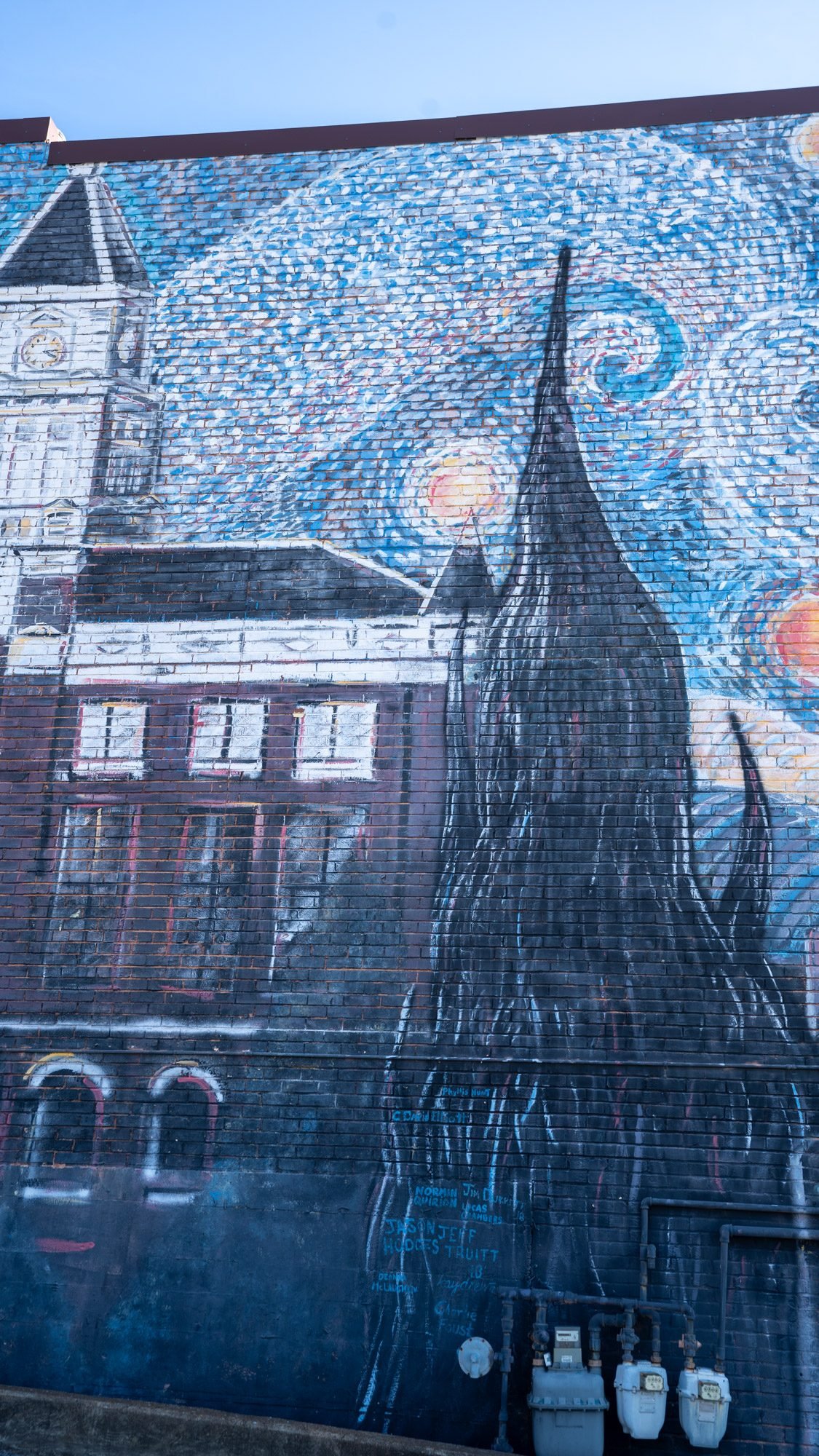 Clarksville Starry Night mural painted on a brick building in downtown Clarksville, TN